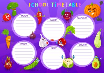 School timetable vector template with cartoon vegetables sportsmen. Education kids time table schedule for lessons with veggies carrot, pumpkin, onion healthy sports activity, weekly classes planner