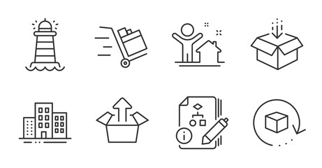 Wall Mural - Algorithm, Lighthouse and Return package line icons set. Push cart, Get box and Send box signs. New house, Buildings symbols. Project, Searchlight tower, Exchange goods. Industrial set. Vector