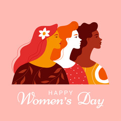 Wall Mural - International Women's Day greeting card. Vector illustration of three smiling diverse women's portraits in trendy flat style. Isolated on pink background