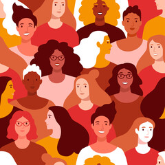 Wall Mural - International Women's Day pattern. Vector seamless pattern with multinational diverse group of women in trendy warm color palette  flat style