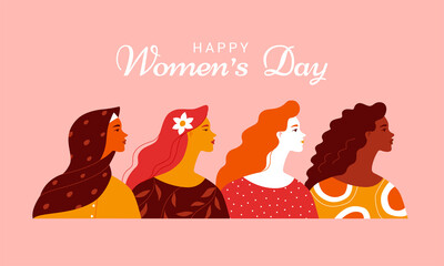 Wall Mural - International Women's Day. Vector horizontal banner with four smiling diverse women's portraits in trendy flat style. Isolated on pink background