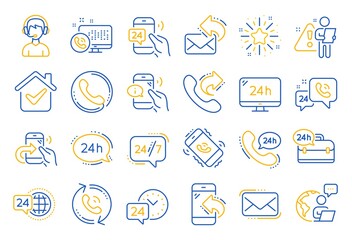 Poster - processing line icons. set of callback or feedback, call support and chat message icons. 24 hour ser