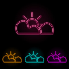 Poster - the sun behind the clouds color neon set. Simple thin line, outline vector of web icons for ui and ux, website or mobile application