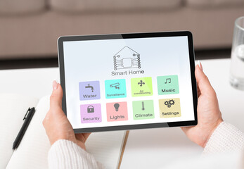 Poster - Smart Home Control System Interface Opened On Digital Tablet In Female Hands