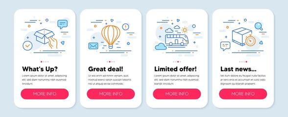 Poster - set of transportation icons, such as bus travel, air balloon, hold box symbols. mobile screen banner