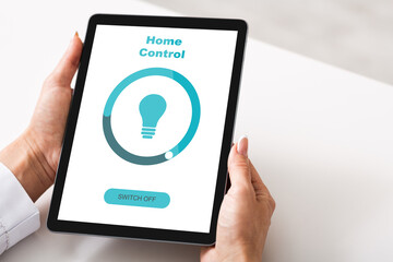 Poster - Unrecognizable Woman Using App On Digital Tablet For Smart Home Control, Collage