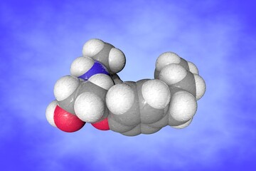 Molecular structure of metoprolol. Atoms are represented as spheres with conventional color coding: carbon (grey), oxygen (red), nitrogen (blue), hydrogen (white). 3d illustration