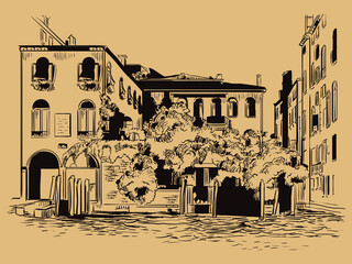 Wall Mural - Venice drawing illustration cityscape on canal brown