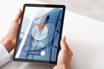 Poster - Woman Browsing Vpn App On Digital Data For Personal Data Protection, Collage
