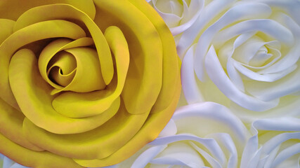 Beautiful Illuminating yellow rose on white and cream shade roses background. Inspiration. Love concept of aesthetics. Floristic decor. Flower card. Trend color. Close up. Wedding decor.