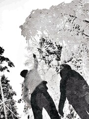 Wall Mural - Black and white watercolor style of two people playing in the woods during a snowfall in northern Scandinavia