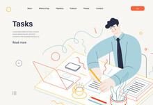 Business Topics -tasks, Web Template, Header. Flat Style Modern Outlined Vector Concept Illustration. Young Man Wearing A Tie Sitting At The Office Desk Filling In The List Of Tasks. Business Metaphor