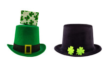 St. Patrick's Day Pattern Of A Pair Of Hats Black And Green Decorated With Clover With A Gift Box Lying On An Isolated Background