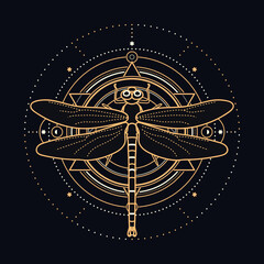 Sacred dragonfly with celestial design elements - insect illustrated with gold and white lines on black background