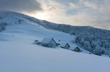 Wall Mural - Wonderful morning in the mountainous valleys with houses in the Ukrainian Carpathians.	