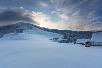 Wall Mural - Wonderful morning in the mountainous valleys with houses in the Ukrainian Carpathians.	
