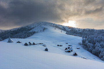 Wall Mural - Wonderful morning in the mountainous valleys with houses in the Ukrainian Carpathians.	