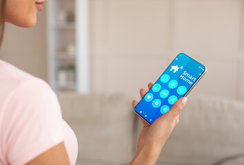 Poster - Unrecognizable millennial woman using smart home control system indoors, collage with functions on mobile phone screen
