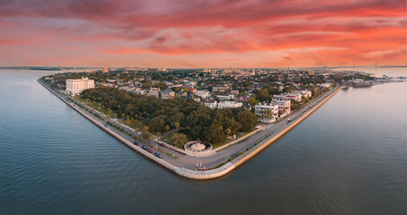 Wall Mural - charleston skyline with pink sky and clouds