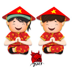 Wall Mural - Happy lunar new year 2021 greeting card with cute boy, girl happy smile so funny. Kids sit hand in hand cartoon character. Year of the Ox