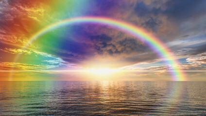 Wall Mural - Calm sea before storm with amazing double sided rainbow at sunset   