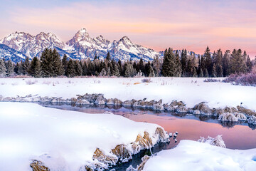 Magenta sunrise, sunset, Mountains, snow, river