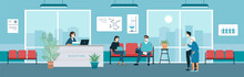 Hospital Reception Office Hall Vector Illustration. Cartoon Man Woman Patient Characters In Medical Masks Sitting In Chairs, Waiting Doctor Appointment In Lobby, Receptionist Standing Behind Counter