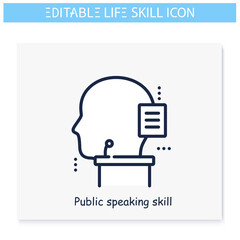 Public speaking skill line icon. Eloquence, oratory. Personality strengths and characteristics.Soft skills concept. Human resources management. Isolated vector illustration. Editable stroke 