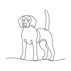 Wall Mural - Dog in continuous line art drawing style. Cute beagle dog standing and watching minimalist black linear sketch isolated on white background. Vector illustration