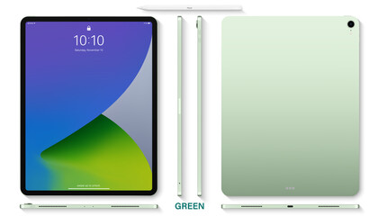 Poster - tablet green color with colorful touch screen saver and stylus top view isolated on white background. flat lay mockup of realistic and detailed device. stock vector illustration