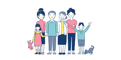 Cartoon family portraits. Happy parents and children portrait, old grandmother and grandfather. Senior and teenager generations families together. Hand drawn doodle flat vector illustration design.