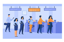 Metro Passengers Scanning Electronic Train Tickets At Entrance And Turnstiles. Subway Employees In Uniforms Keeping Order. Vector Illustration For Public Transport, Automatic Service Concept