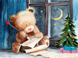 Watercolor illustration of a teddy bear writing a letter to Santa Claus in a room with a decorated christmas tree and a starry night outside the window