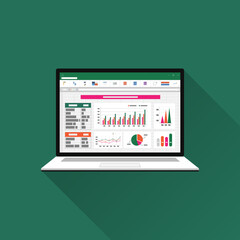 Spreadsheet on Laptop screen. Financial accounting report concept. office things for planning and accounting, analysis, audit, project management, marketing, research vector illustration.