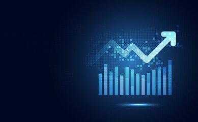 Wall Mural - Futuristic blue rise up bar chart with arrow abstract technology background. Economy and financial concept. Stock money profit investment progress