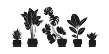 Collection Silhouettes Of Houseplants In Black Color. Potted Plants Isolated On White. Set Green Tropical Plants. Trendy Home Decor With Indoor Plants, Planters, Cactus, Tropical Leaves.