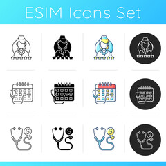 Sticker - Medicine and healthcare icons set. Consultation time. Primary care doctor visit. Review doctor. Doctor check up cost. Linear, black and RGB color styles. Isolated vector illustrations