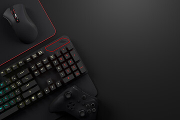 Poster - top view of gamer workspace and gear like mouse, keyboard, joystick on black