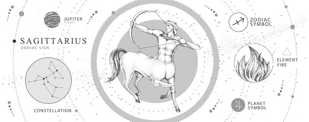 Wall Mural - modern magic witchcraft card with astrology sagittarius zodiac sign. realistic hand drawing centaur 