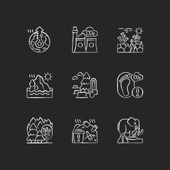 Fototapete - Global warming chalk white icons set on black background. Green gas emission. Killing huge animal and plants ecosystems. Damaging planet climate. Isolated vector chalkboard illustrations