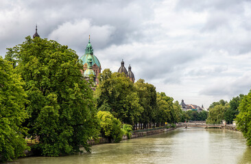 Wall Mural - Munich Germany, city skyline at Saint Lukas Church and Isar River