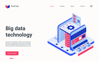 Wall Mural - Creative concept landing page, interface banner design with cartoon 3d tech datacenter service of cloud server storage, digital database hardware, isometric big data technology vector illustration