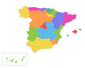  Spain map, administrative division, separate individual regions, color map isolated on white background blank