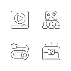 Sticker - Video gaming linear icons set. Watching ads, multiplayer mode, game progress and player inventory customizable thin line contour symbols. Isolated vector outline illustrations. Editable stroke