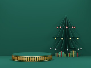 3D render - image merry Christmas red and green background, image of podium product stand for Christmas event, Christmas background, Winter landscape, holiday Christmas new year concept