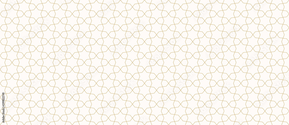 Abstract geometric seamless pattern in traditional Arabian style. Golden ornament with thin lines, oriental mosaic, subtle grid. Gold and white background. Modern minimal design for decor, wallpaper - obrazy, fototapety, plakaty 