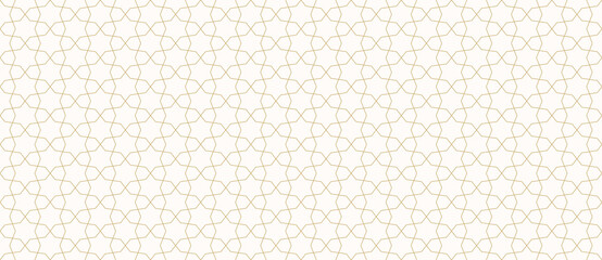 Abstract geometric seamless pattern in traditional Arabian style. Golden ornament with thin lines, oriental mosaic, subtle grid. Gold and white background. Modern minimal design for decor, wallpaper