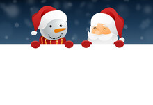 Santa Claus And Snowman Holding Banners, Billboards, Christmas 2020 Isolate On Snow  Background Graphic Resources  For Web , Advertising, Promote , Sales New  Year, Birthdays, Special Event, Vector