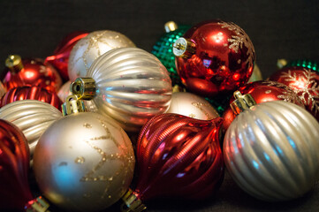 Holiday Christmas and New Year, Christmas tree decorated with different Christmas toys close-up. Winter