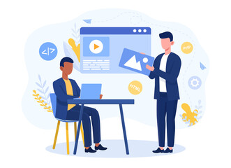 Fototapete - Two male characters making front end development. Business team using minimalistic dashboard and analyze data. Flat cartoon vector illustration